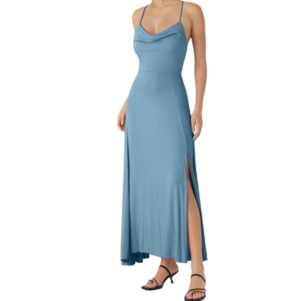Halara Ribbed Cowl Neck Backless Crisscross Lace Up Midi Dress Rainy Sky Blue S - Picture 6 of 8